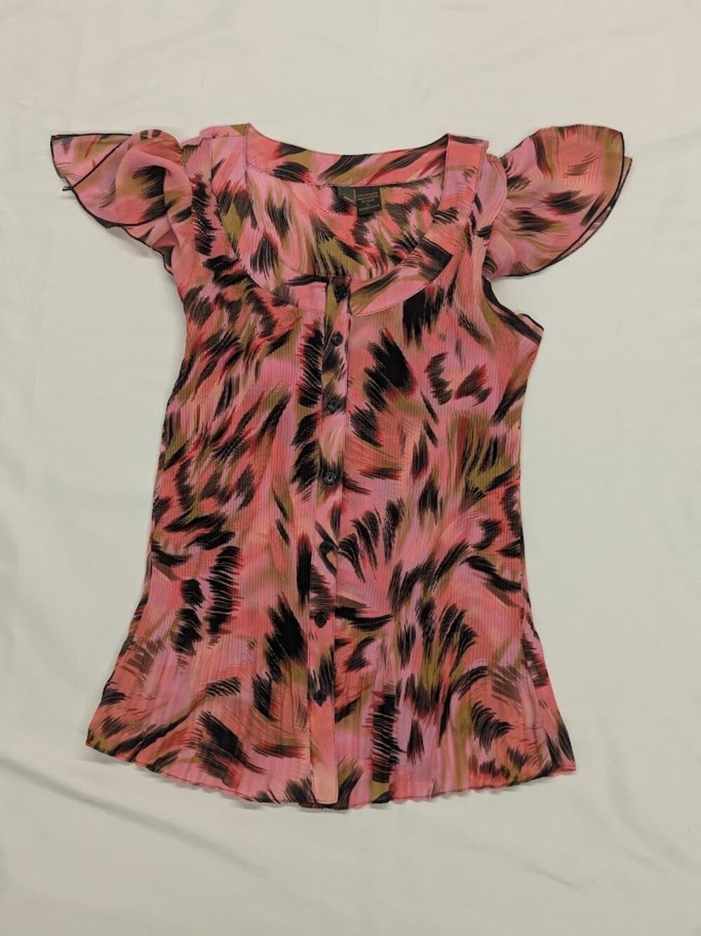 Sere Nade Womens Pink Blouse Lg Accordion Pleat Button Up Floral Flutter Sleeve